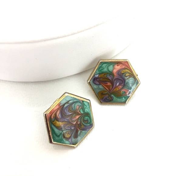 Vintage Hexagon Enamel Marble Post Earrings Pink Green Blue Purple Pastel Retro - Picture 1 of 7